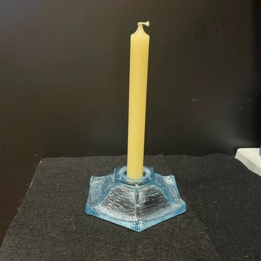Vintage LE Smith Ice Blue Etched Glass Candlestick Holder